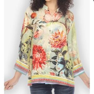 Citron Santa Monica Chrysanthemum Butterfly Silk Blend Button Up Blouse Shirt XL